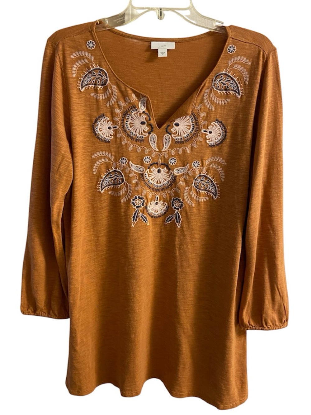 J. Jill Light Brown Embroidered V-Neck Tunic Top Medium - Picture 2 of 7